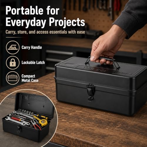 Portable Small Metal Tool Box & Parts Organizer – 14.2" x 6.8" x 6.5" Lockable Storage Case with Removable Plastic Dividers, for Craft Supplies, Garage Hardware, Screws, Home Projects – Black