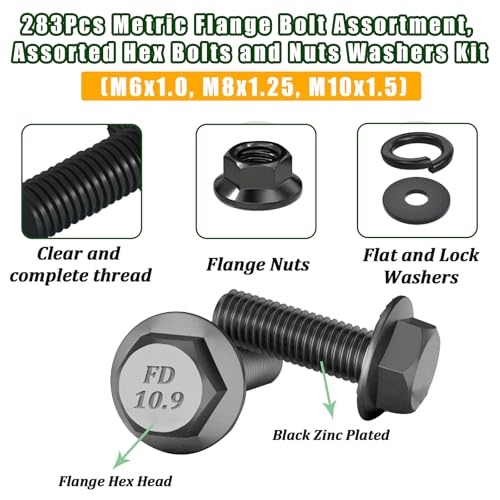 283Pcs Metric Flange Bolt Assortment,M6x1.0,M8x1.25, M10x1.5 (12mm to 30mm) Bolts and Nuts Assortment,10.9 Black Zinc Galvanized,Bolt Kit 283Pcs Flange Bolt Assortment Kit