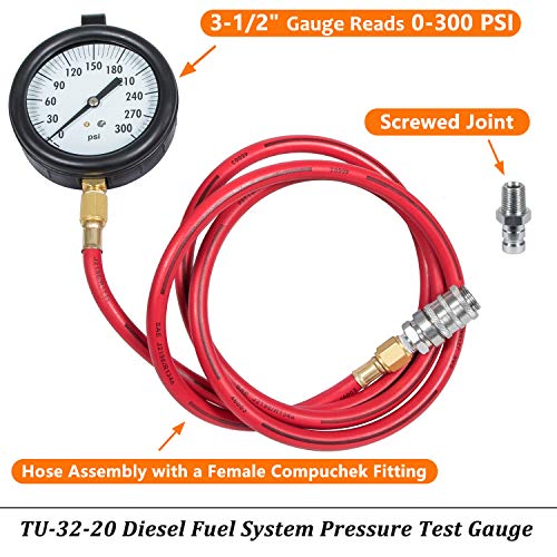 Bonbo TU-32-20 Compucheck Fuel System Pressure Test Gauge 0-300 PSI for Cummins & Other Diesel Engines with Compuchek Ports Large