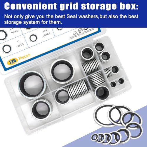 126 Pieces Bonded Seal Dowty Washer, Automotive Self-Centred Dowty Seal Gasket Assortment, 9 SAE Sizes, from 1/8" to 1-1/2"