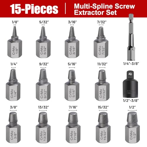 15 Pieces Screw Extractor Set, Easy Out Bolt Extractor Kit, 3/8" Inch Drive Hex Head Multi-Spline Bolt Remover Kit Tool for Removing Stripped, Broken Rusted Bolts Screws 15PCS
