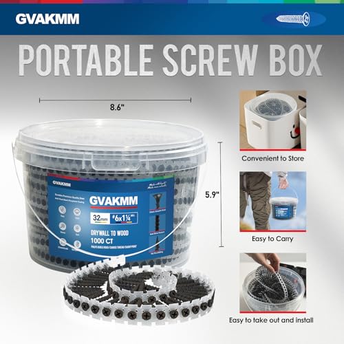 #6×1-1/4 inch Drywall to Wood Collated Screw – 1000 Count,Collated Black Wood,Drywall,Sheetrock Screw 1-1/4 inch