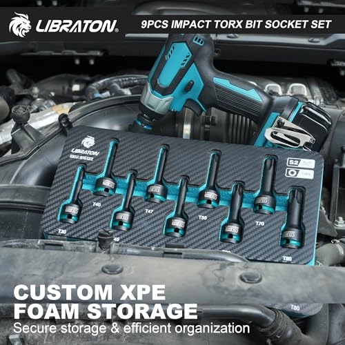 LIBRATON Impact Torx Bit Socket Set, 1/2" Drive, S2 Steel, T30-T80, 9PCS 9PCS Torx