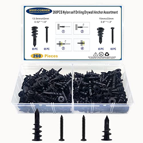 Drywall Anchors Self Drilling Hollow Wall Anchors with Screws, White Set 260 PCS, Black 260 PCS