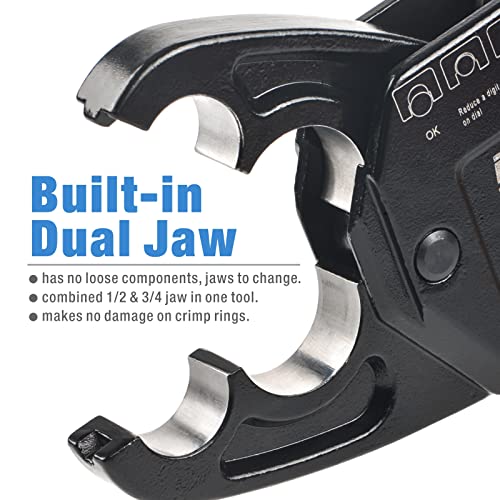 IWISS Combo Angle Head Pex Pipe Plumbing Crimping Tool for Copper Crimp Jaw Sets 1/2" & 3/4" with Go/No-Go Crimp Gauge Crimper