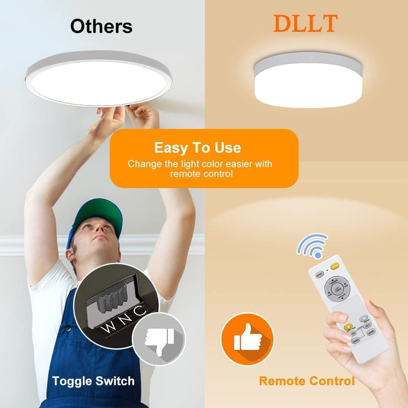 DLLT 24W Dimmable LED Flush Mount Light Fixture With Remote, 8.66 Inch Modern Flat Lamp, Close to Ceiling for Bedroom/Kitchen/Bathroom/Hallway, Timing, 3 Light Color Changeable