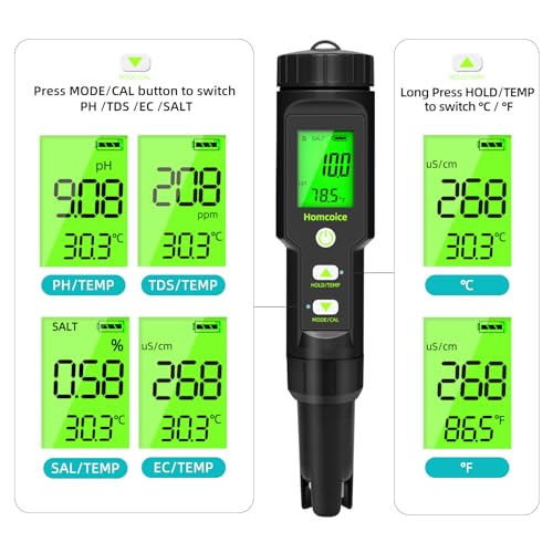 PH Meter 5 in 1 TDS EC SALT Temperature pH Value Meter IP67 Waterproof Pool pH Tester 0.01 High Precision Digital Water Tester Drinking Water with ATC Function