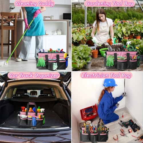 BLIRITEL Large Cleaning Caddy Bag with Handle, Cleaning Caddy Organizer with Shoulder Strap, Multi-Compartment Cleaning Supply Tote for Cleaners & Housekeepers (Pink) Pink
