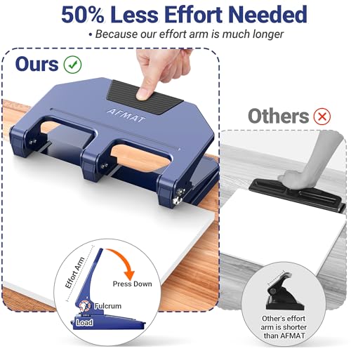 AFMAT 3 Hole Punch, 9/32" Holes, 40-Sheet 3 Hole Puncher for Binder, 50% Reduced Effort, Metal Heavy Duty Three Hole Punch w/ 10,000+ Uses, Bulit-in S.S. Paper Guide, Large Chip Tray, Blue, HPX3 40-Sheet Capacity