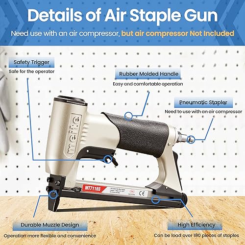 meite MT7116S Pneumatic Upholstery Stapler 22 Gauge 71 Series 3/8" Crown Industrial Fine Wire Stapler with Safety Built-in