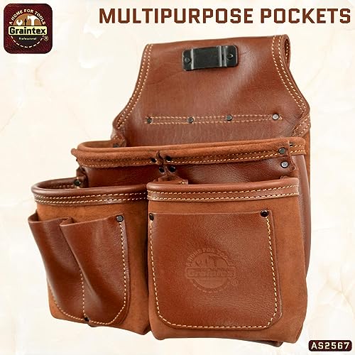 Graintex Ambassador Series 6 Pocket Framers Professional Nail & Tool Pouch Durable and Versatile Genuine Top Grain Leather for Framers, Constructors, Electricians, Plumbers, Handyman Chestnut Brown