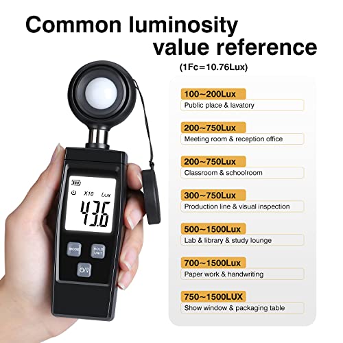 Light Meter, Handheld Lux Meter for Photography Grow Plants Led, Digital Photometer Illuminance Meter Range up to 200,000 Lux, Photo Illuminance Sensor with MAX/MIN Data Hold