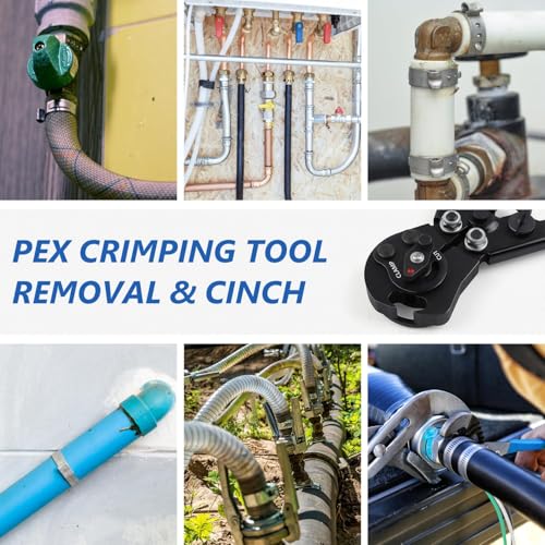2 IN 1 Ratchet PEX Crimping Tool Kit - Cinch and Remove Dual Function Suitable for 3/8" to 1" Stainless Steel Clamps with Pex Cutter and Stainless Steel Pex Clamps 1/2" 25PCS, 3/4" 10PCS Pex Crimper Kit