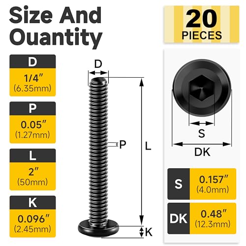 Mywish (10 Sets) 1/4-20x4 Hex Head Assorted Screws Nuts and Bolts & 20Pcs 1/4 Bolts, 1/4-20 x 2 Flat Head Hex Socket Head Cap Screw Bolts, 1/4 Screws 304 Stainless Steel Furniture Screws Full Thread