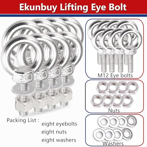 Lifting Shoulder Eye Bolts, Heavy Duty Screw Bolt 304 Stainless Steel Lifting Ring Threaded Eyebolts with Washers and Nuts for Indoor Outdoor 1/2"-29 x 3.60" 8