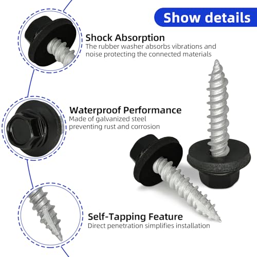 #10 x 1 Inch Metal Roofing Screws, Black Hex Head Sheet Metal Roof Screw with EPDM Washer, Sharp Point Metal to Wood Siding Screws 200-PCS