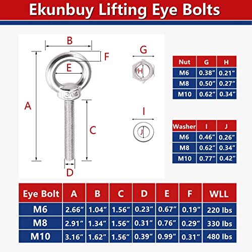 Lifting Shoulder Eye Bolts, Ekunbuy Screw Bolt 304 Stainless Steel Heavy Duty Lifting Ring Threaded Eyebolts with Washers and Nuts for Indoor Outdoor M10x39mm（3/8"x 1.56"） 8