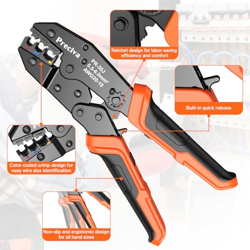 Preciva Crimping Tool for Insulated Terminals Wire Connectors, AWG20-10 Ratchet Crimper with 425 Pcs Insulated Terminals Connectors 425Pcs & 38Sizes