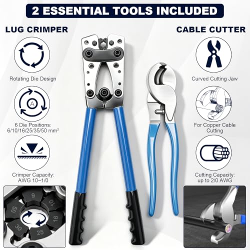 Battery Cable Lug Crimping Tool Kit, 176-Piece Accessory Set with 2 Tools, AWG 10-1/0 Lug Crimper with Cable Cutter, 96 Copper Lugs & 80 Heat Shrink Tubing for Automotive, RV, Marine, Solar 176 Pcs
