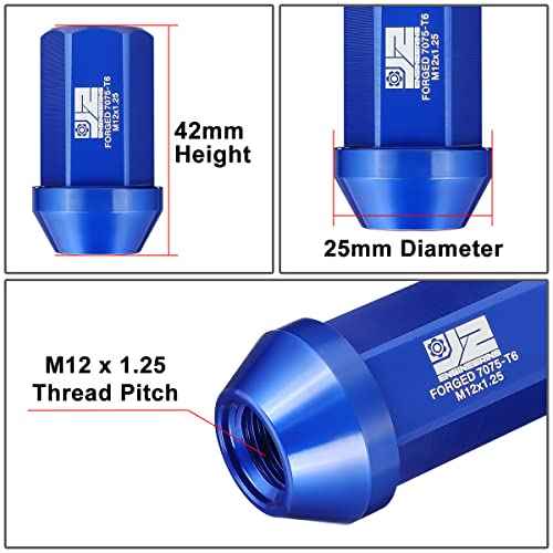 J2 Engineering J2-LN-T7-038-125-BL M12 x 1.25 T6-7075 Aluminum 42mm Closed End Lug Nuts w/Deep Drive Extension Adapter,Blue, 25mm x 42mm