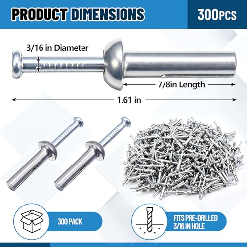 300 Pack 3/16" X 7/8" Drive Nail in Anchor Hammer Pin Anchor 300 3/16" X 7/8"