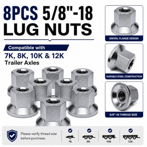 8Pcs Trailer Lug Nut 5/8"-18 Compatible with Swivel Flange Trailer Wheel Studs 5/8 18 Lug Nuts for 7K, 8K, 10K, 12K Axles White