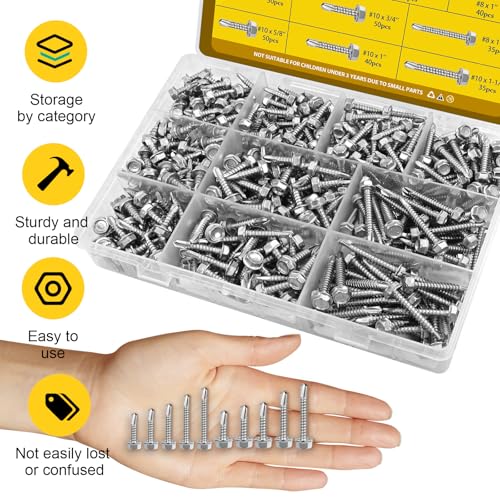 460Pcs #8#10 Hex Washer Head Self Tapping Sheet Metal Screws Kit 460pcs #8#10 Silver
