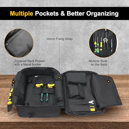 MDSTOP Heavy Duty Tool Bag with Reflective Strips， Electrician Tool Bag for Men, 1680D Wear-Resistant Tool Box Organizer, HVAC Service Bag, Father Day Dad Birthday Gift (Black) Black