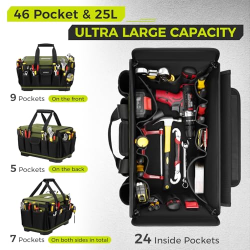 Ytonet Heavy Duty Tool Bag 16-Inch, 46 Pockets Electrician Tool Bag for men with Hard Bottom & Waterproof Pocket, 1680D Tear-Proof Toolbox Organizer