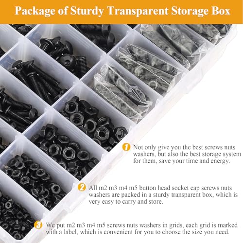 2180 Pieces Black M2 M3 M4 M5 Button Head Socket Cap Screws Nuts Washers Assortment Kit, Metric Screw Assortment with Hex Wrenches, 10.9 Grade Alloy Steel, Fully Threaded M2/M3/M4/M5