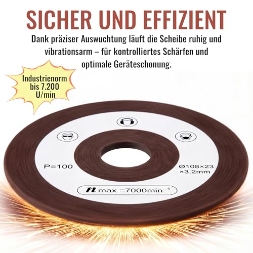 BBTO Pack of 2 Replacement Sanding Discs Compatible with Einhell | 108 mm diameter, 23 mm shank, P100 grit, saw chain sharpener grinding disc compatible with Einhell