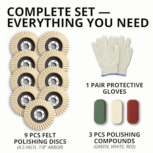 13PCS Aluminum Polishing Kit – 9 Felt Polishing Wheels for Grinder 3 Aluminum Buffing Compound Bars 1 Gloves Angle Grinder Kit for Metal Surface Finishing Rim Detailing DIY Garage Use 13 PCS Beige Set