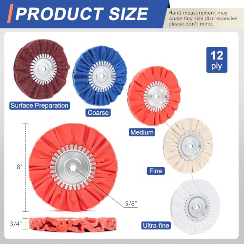 8" Airway Buffing Wheel, Aluminum Wheel Polishing Kit with 5/8" Arbor Hole for Angle Grinders, Complete Polishing Process for Aluminum Wheels, Tanks & Metals, 5 Pcs
