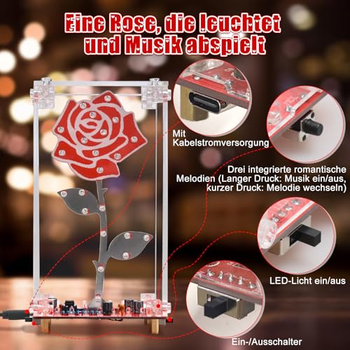 DIY Rose Flowers LED Soldering Kit with Acrylic Housing | Colorful Flashing Lights & Integrated Music, Mains Powered Electronics Kit, Mother's Day Gift Idea