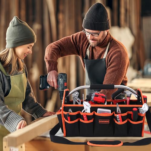 Kowsinde 18 Inch Tool Bag, Electrician Tool Bag, Open Top Tool Bags, 26 Pockets Can Hold Many Tools, Steel Handle and Removable Shoulder Strap Orange