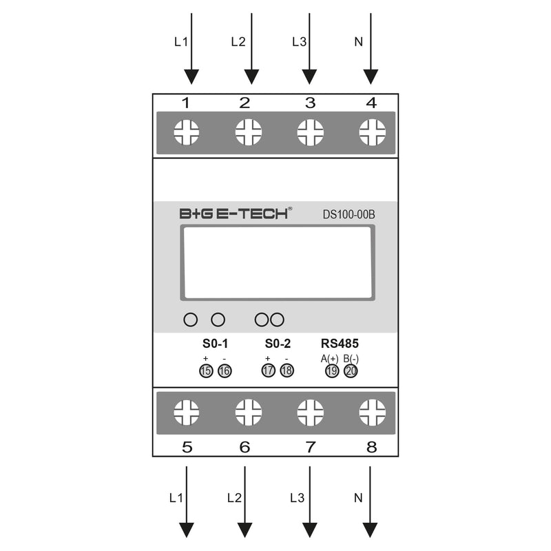 Electricity meter [DS100] 3 phase bi-directional three-phase current meter for DIN rail with RS485 Modbus-RTU, DLT654, S0 pulse or DI signal input | DS100-00B (with 2x S0 and RS485) DS100-00B (with 2x S0 and RS485)