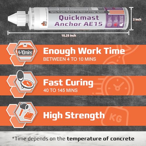 DCP Quickmast AE15 Concrete Epoxy for Rebar and Rods – High-Strength Anchoring System, Two-Part Acrylate Epoxy with Cartridge and Nozzles, 10.1 fl oz – 2 Pack