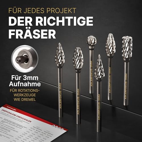 Eagle Focus Carbide Burr [Universal] 6 Metal Cutters - 3 mm Shank | Carbide Milling Cutters - Metal Cutters - Milling Pins for Metal - Metal Milling Cutter - Dremel Cutters - Milling Drills for Precise Milling - Set of 6 (6 mm head)