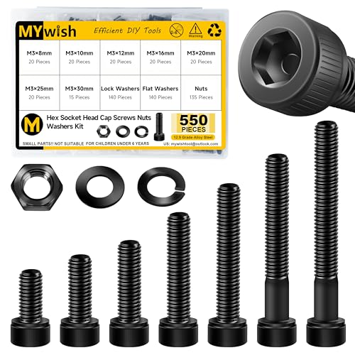 Mywish 900Pcs M3 M4 M5 M6 Metric Screws Assortment & 550Pcs M3 Metric Screws and Nuts Assortment, Grade 12.9 Alloy Steel Hex Socket Head Cap Screws and Nuts, Black Oxided with Hex Spanner