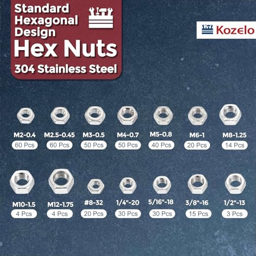 400pcs Hex Nuts Assortment Kit 304SS Hardware Nut Set Silver 1/4"/5/16"/3/8"/1/2",#8,M2-M12 400