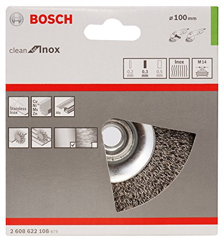 Bosch 1 x PRO Stainless Steel Longlife Taper Brush, Wavy Wire for Small Angle Grinders and M14 Thread (for Non-Ferrous Metals, Steel, Diameter 100 mm, Professional Accessories Small Angle Grinder) 100 mm (Packung mit 2)
