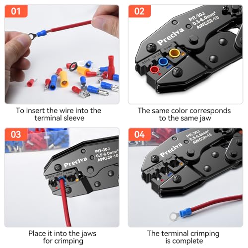 Preciva Crimping Tool Kit for Insulated Wire Connectors, AWG20-10 Ratcheting Wire Terminal Crimper with 400Pcs Insulated Connectors RC50400