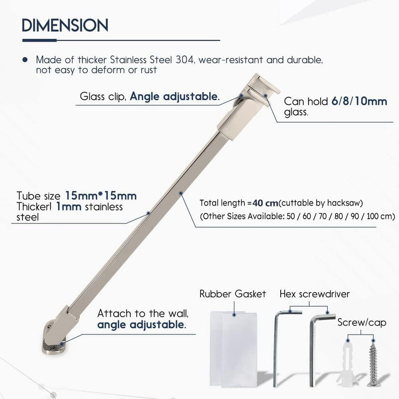 40cm / 15.7" Stainless Steel Frameless Shower Door Fixed Panel Wall-to-Glass Support Bar for 1/4" to 3/8" Thick Glass by M-Home (400mm, Chrome) 400mm