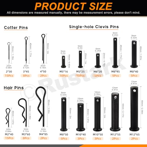 100Pcs 16 Sizes M2 M3 M4 M5 M6 M8 M10 M12 Black Cotter Pin Hair Pin Clevis Pin Assortment Kit Zinc Plated R Clips Hair Pins Spring Pin Fasteners Hitch Pin Clips for Automotive Mechanics