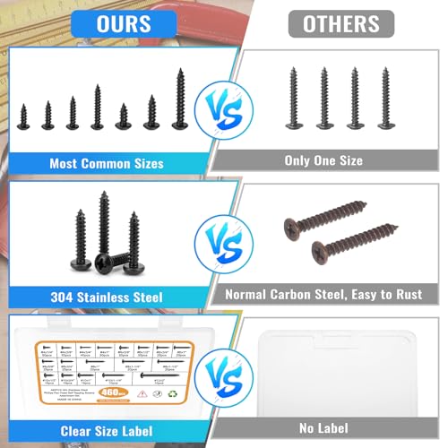 460PCS Black Stainless Steel Wood Screws Assortment Kit, 18 Sizes #4#6#8#10#12 Pan Head Sheet Metal Screws Self Tapping Screws Set for Wood Deck Drywall Concrete Screws, Length 1/4" to 2" Black Pan Head 460PCS