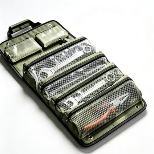 Heavy Duty Roll Up Tool Bag Organizer - 1680D Oxford, 23.6"x13", See-Through PVC Pockets, 12 Compartments for Mechanic, Electrician & Tradesperson Green