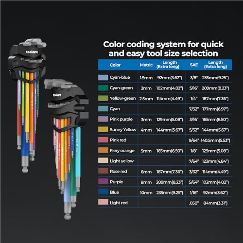 toolant Allen Wrenches Sets 22pcs(Metric&SAE), Extra Long Arm Allen Key Set with Ball End, Crafted Hex Key Set with Color Coded Sleeves, Unique Patented Holder Design for Magnetizing and Demagnetizing 22PCS (Metric&SAE)