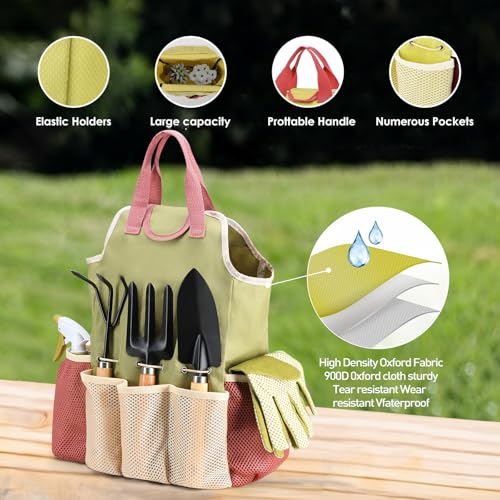 APSARAS USA Gardening Tools, Garden Tool Set, 10 Pieces Heavy Duty Sturdy Steel Gardening Tool Set with 600D Oxford Cloth Storage Tote Bag, Durable Supplies Kit Perfect Garden Gifts for Father Wood Handle and Sturdy Steel