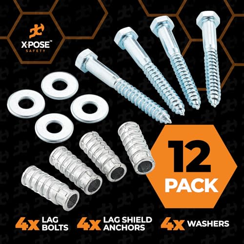 xpose safety Concrete Anchors Set with 4"" Lag Bolt, Lag Shield and Washer - 12 Sets per Pack - 1/2"" Bolt Lag Screws 4-Inch for Speed Bumps for Asphalt - Galvanized Steel Lag Bolts 4"