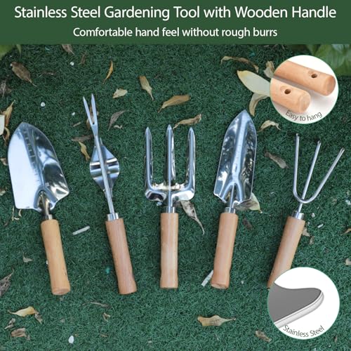 Garden Tool Set, 10 Piece Kit with Heavy Duty Folding Stool, Detachable Storage Tote Bag, Stainless Steel Tools, Gifts for Women Men Green